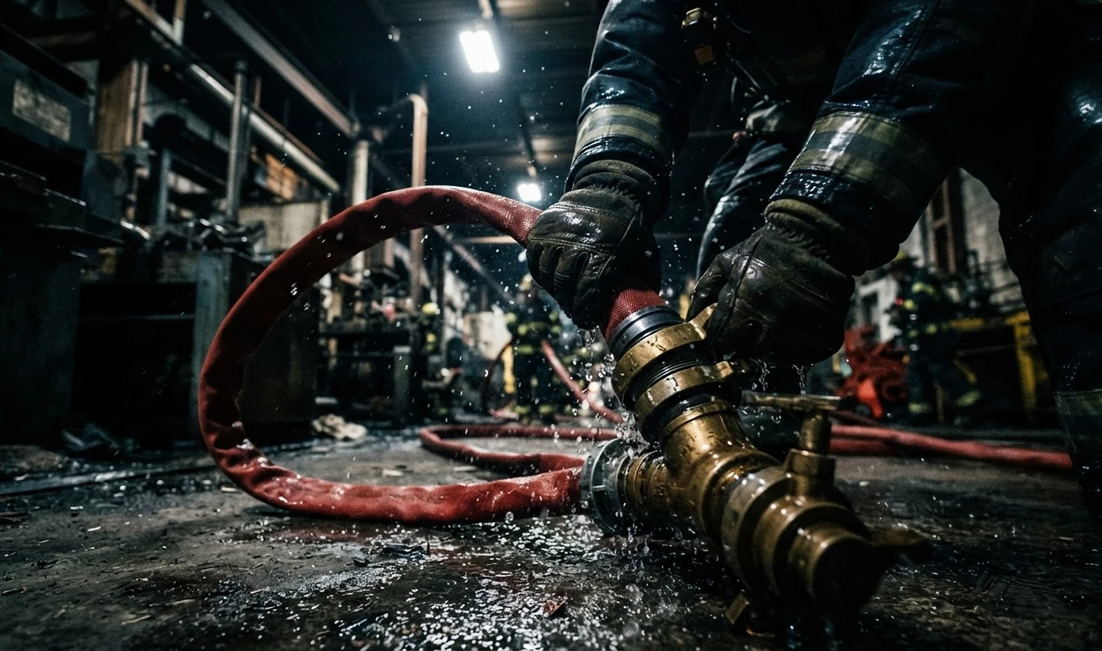 Kopling fire hose kuningan dikunci di gudang industri